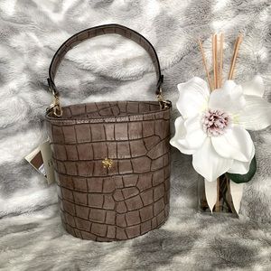 Pratesi Firenze Black Leather Croc Embossed Handbag Shoulder Bucket Bag NWT